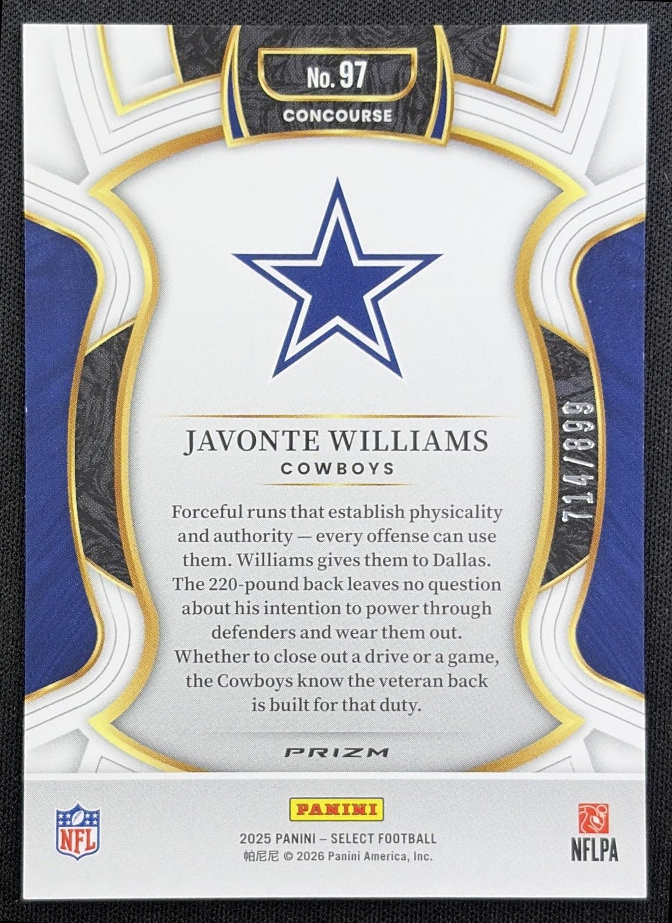 Javonte Williams 2025 Panini Select Concourse Copper Prizm Shock /899 Cowboys back