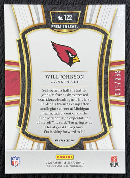 Will Johnson 2025 Panini Select Premier Level Tri-Color Prizm /299 Cardinals