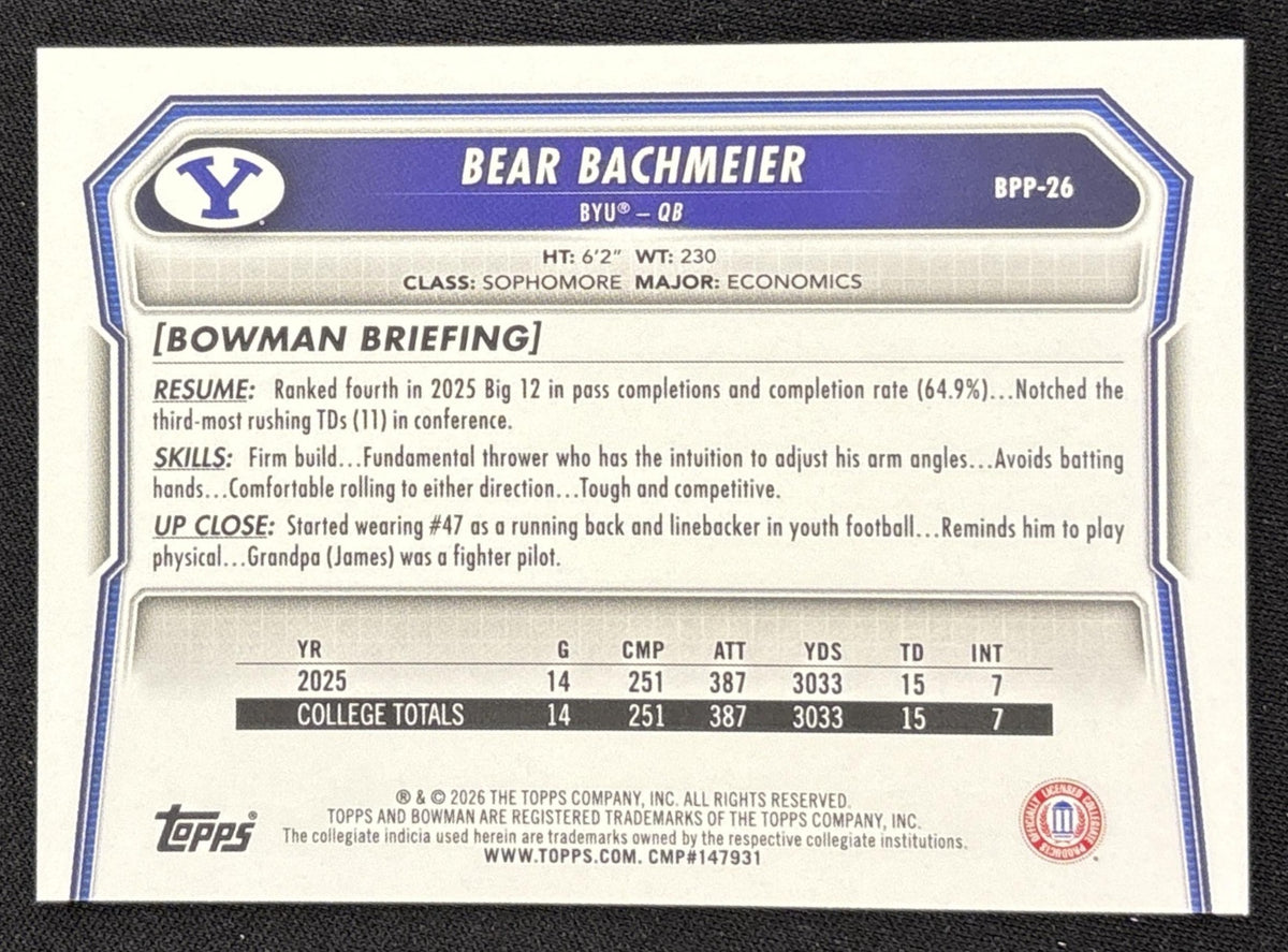 Bear Bachmeier 2026 Bowman Paper Prospects Cougars back