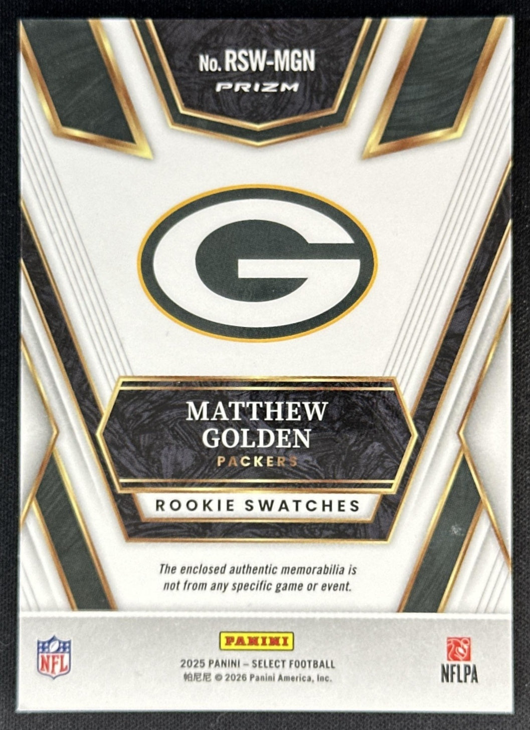 Matthew Golden 2025 Panini Select Rookie Swatches Blue Prizm Packers Sports Trading Cards