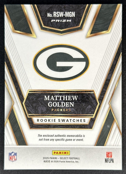 Matthew Golden 2025 Panini Select Rookie Swatches Blue Prizm Packers Sports Trading Cards