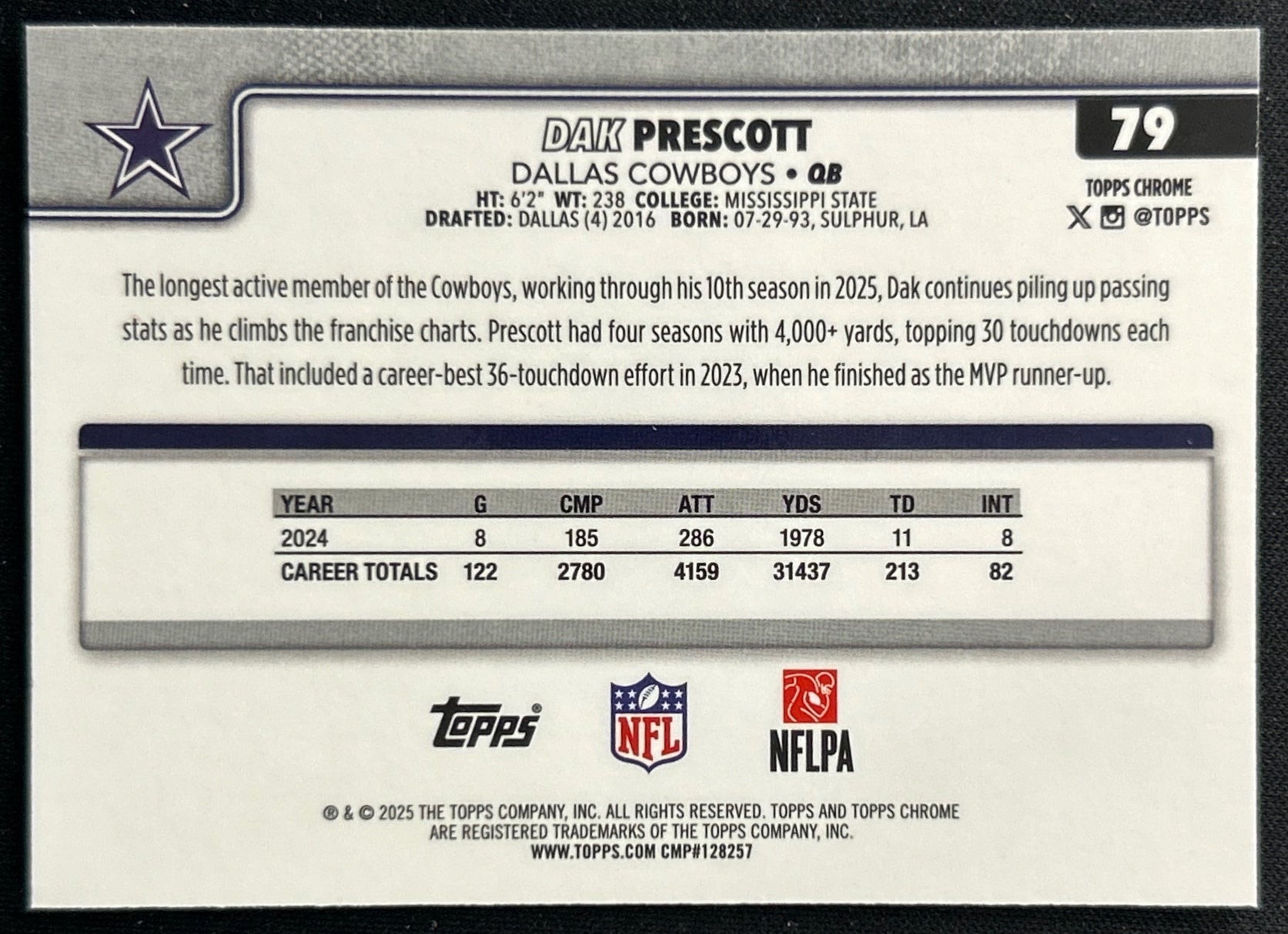 Dak Prescott 2025 Topps Chrome Cowboys Sports Trading Cards