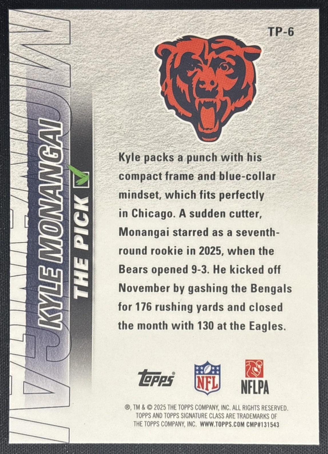 Kyle Monangai 2025 Topps Signature Class The Pick Bears back