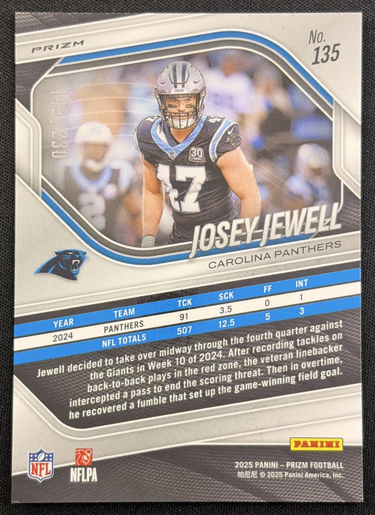 Josey Jewell 2025 Panini Prizm Blue Wave /230 Panthers back