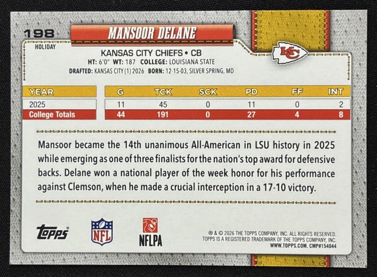 Mansoor Delane 2026 Topps Holiday Light Blue and White Glitter Chiefs | Kansas City Chiefs Sports Trading Card