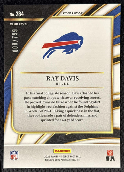 Ray Davis 2025 Panini Select Club Level White Prizm Shock /799 Bills back