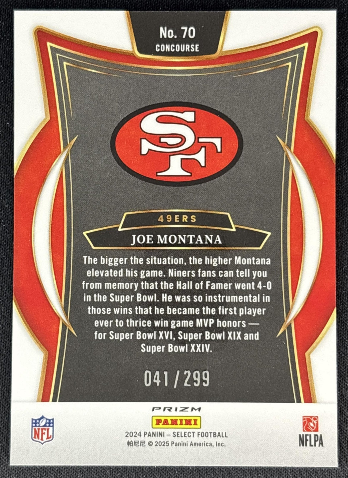 Joe Montana 2024 Panini Select Concourse Tri-Color Prizm /299 49ers Back