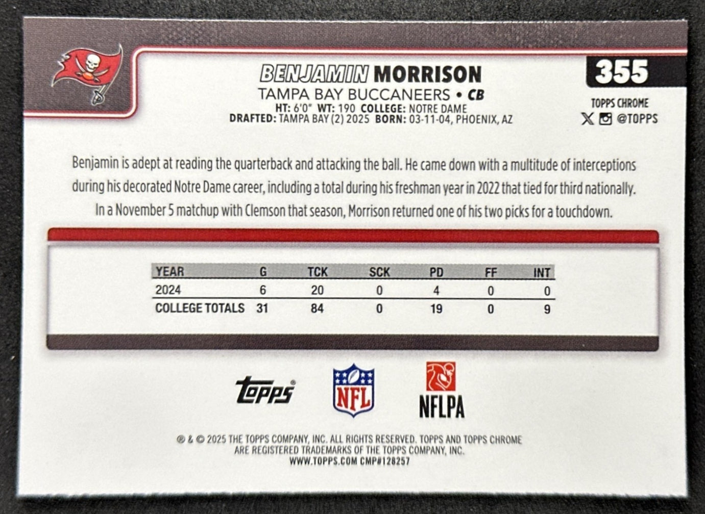 Benjamin Morrison 2025 Topps Chrome Sapphire Buccaneers back