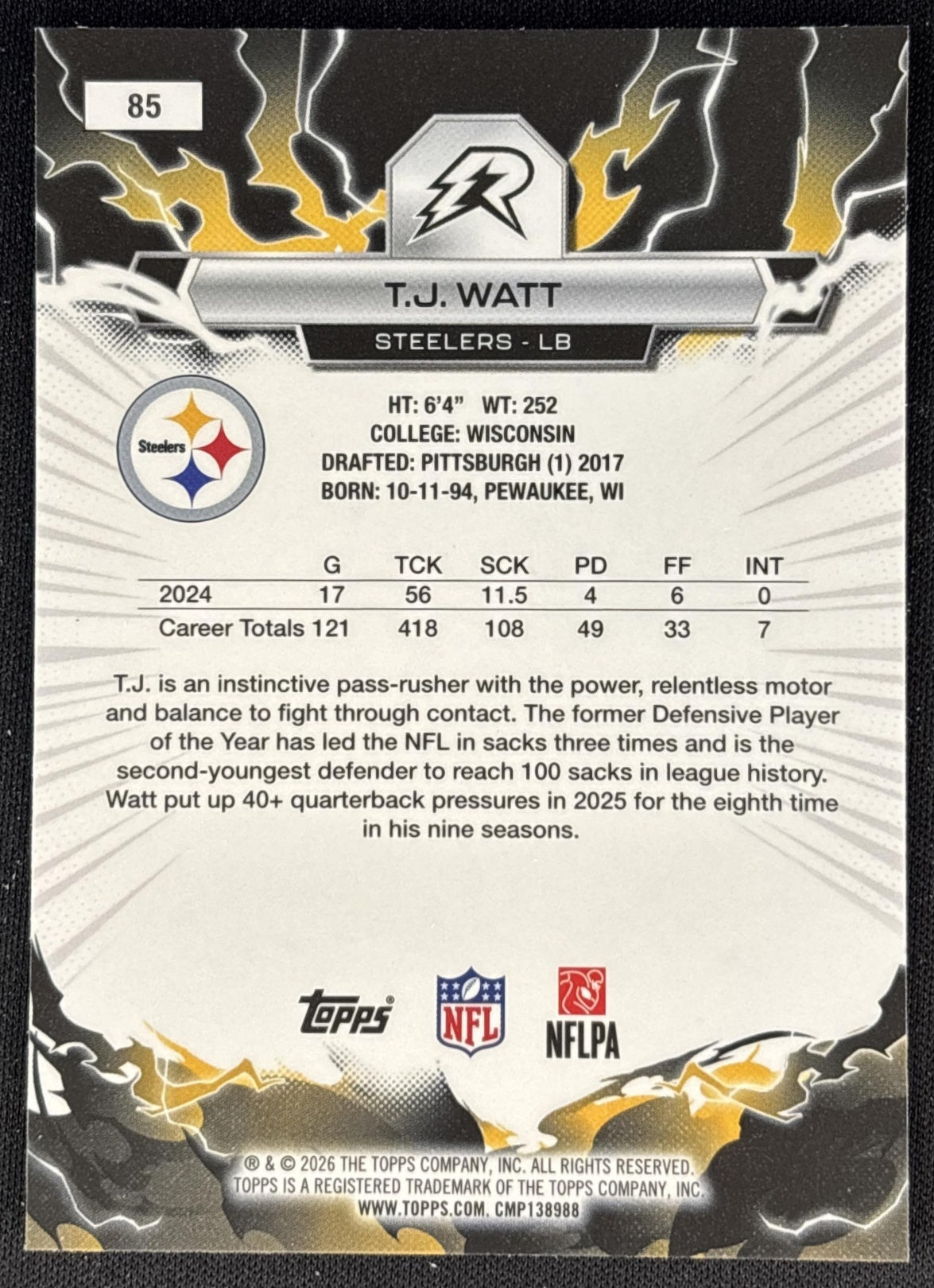 T.J. Watt 2025 Topps Resurgence Steelers Pittsburgh Steelers back