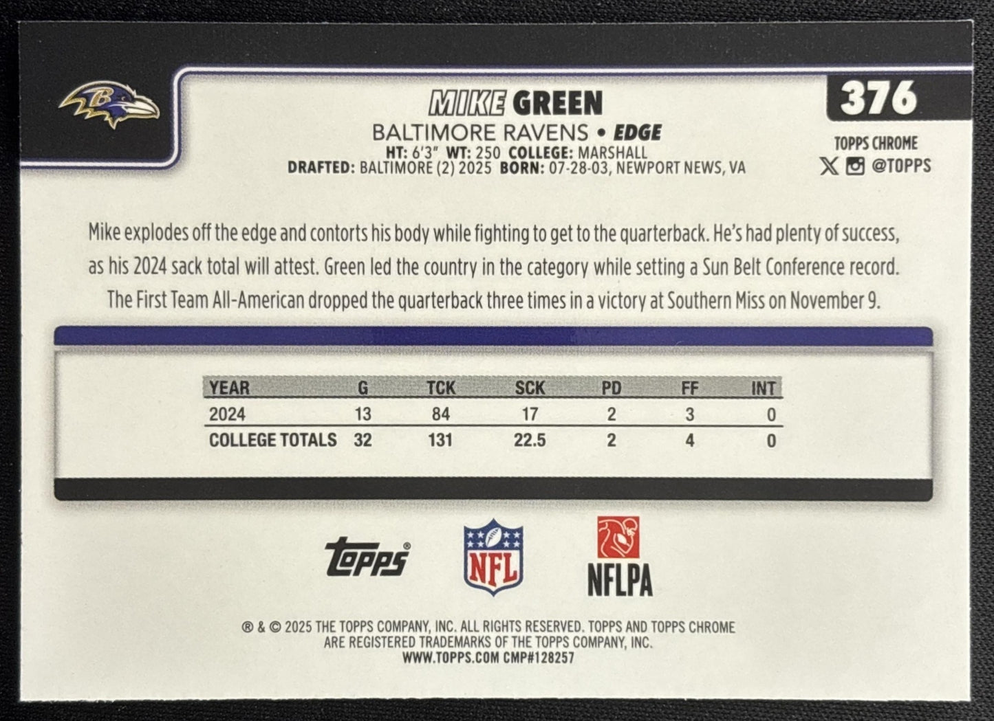 Mike Green 2025 Topps Chrome Rookie Blue Wave Refractor /150 Ravens Sports Trading Card