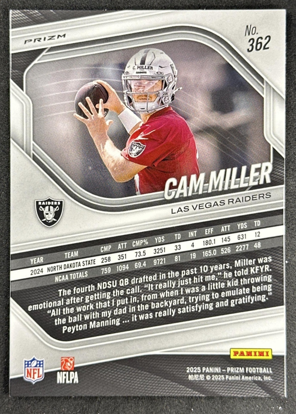 Cam Miller 2025 Panini Prizm Silver Raiders Sports Trading Cards