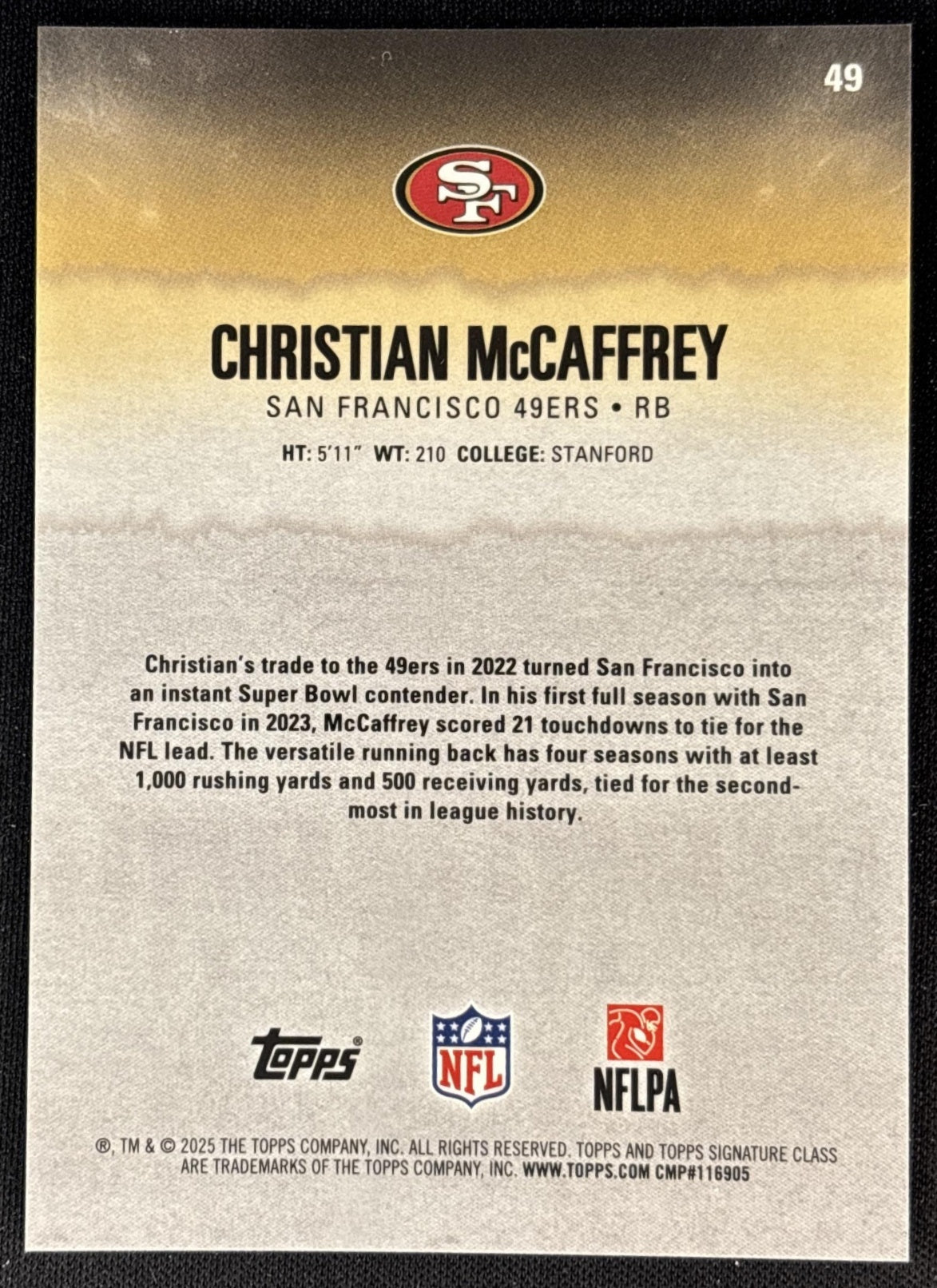 Christian McCaffrey 2025 Signature Class Chrome Veteran Green Refractor /150 49ers San Francisco 49ers Sports Trading Cards