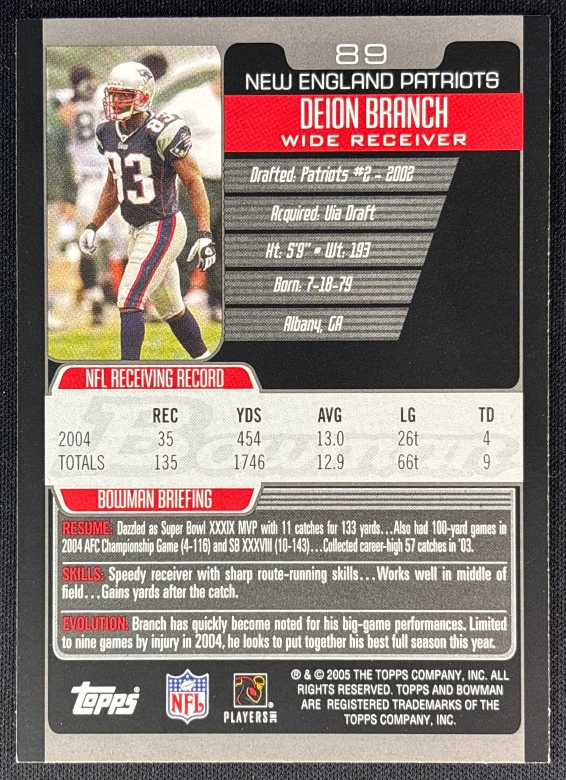 Deion Branch 2005 Bowman Patriots Sports Trading Cards