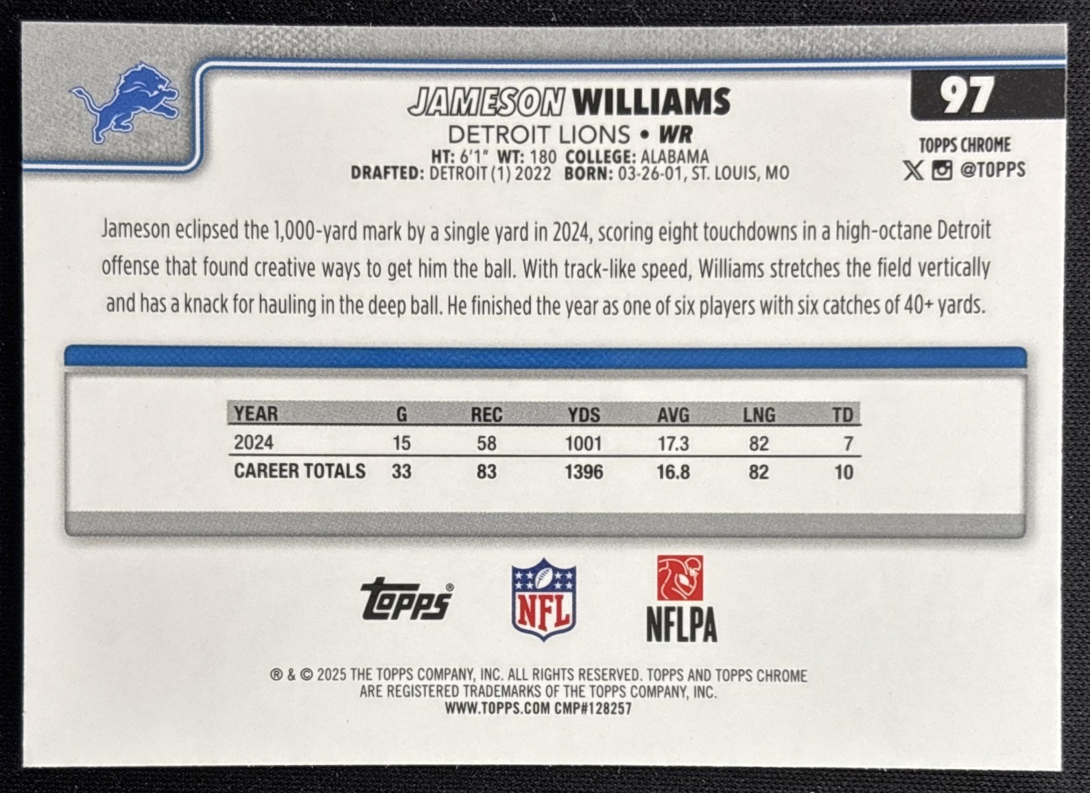 Jameson Williams 2025 Topps Chrome Pulsar Refractor Lions Sports Trading Cards