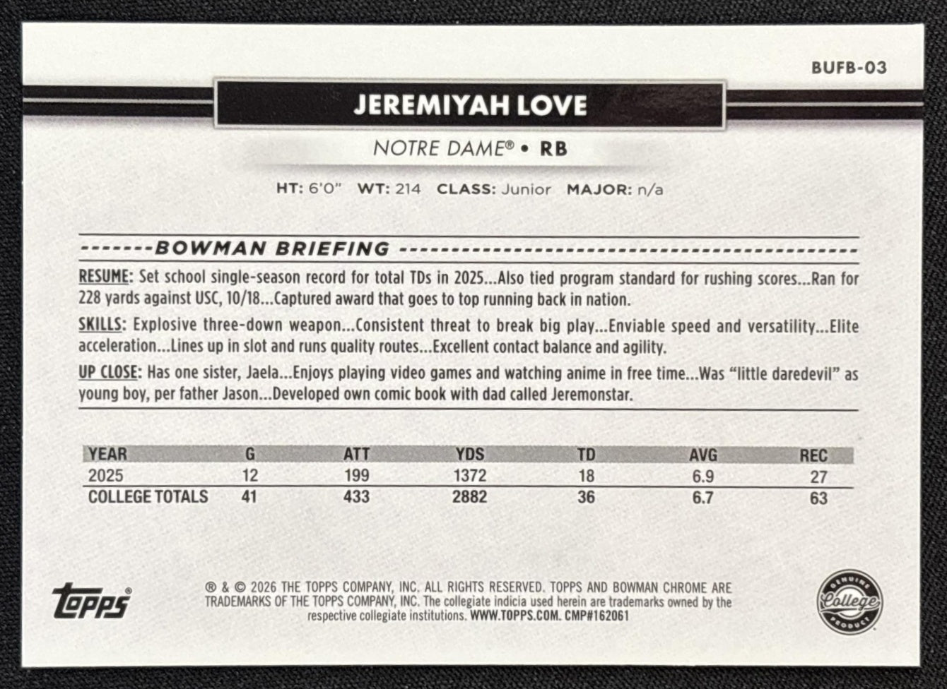 Jeremiyah Love 2026 Topps NSCC Collection Bowman U Chrome Sports Trading Cards
