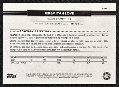 Jeremiyah Love 2026 Topps NSCC Collection Bowman U Chrome Sports Trading Cards