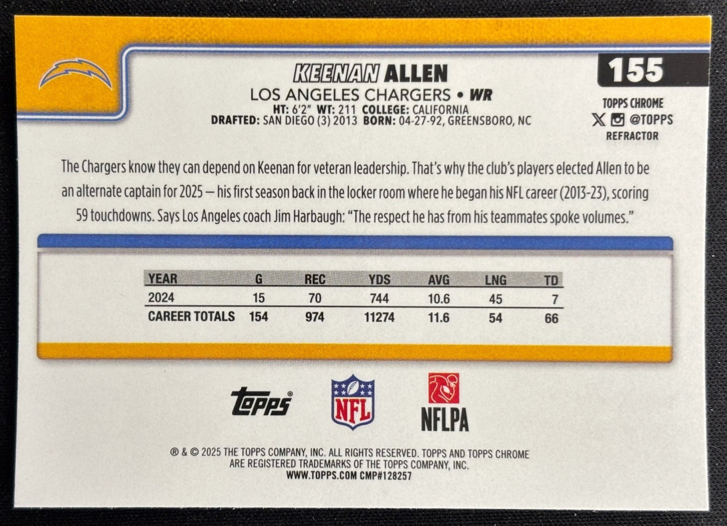 Keenan Allen 2025 Topps Chrome Refractor Chargers Sports Trading Cards