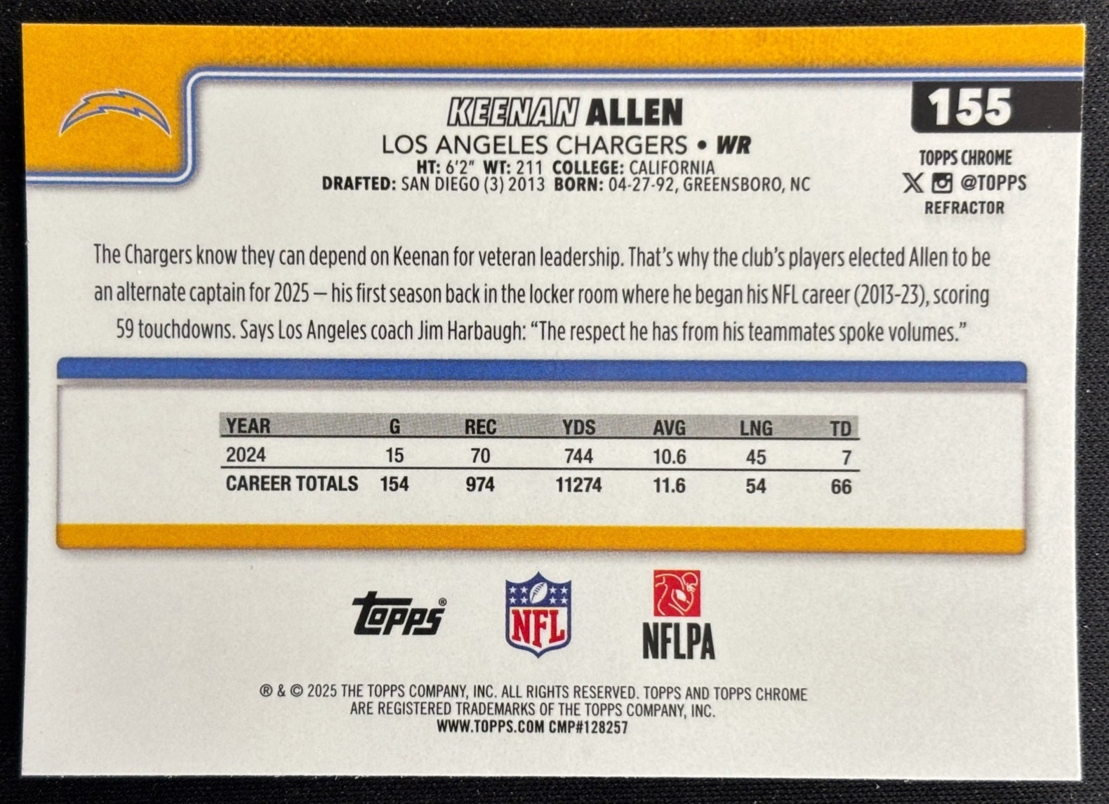 Keenan Allen 2025 Topps Chrome Refractor Chargers Sports Trading Cards