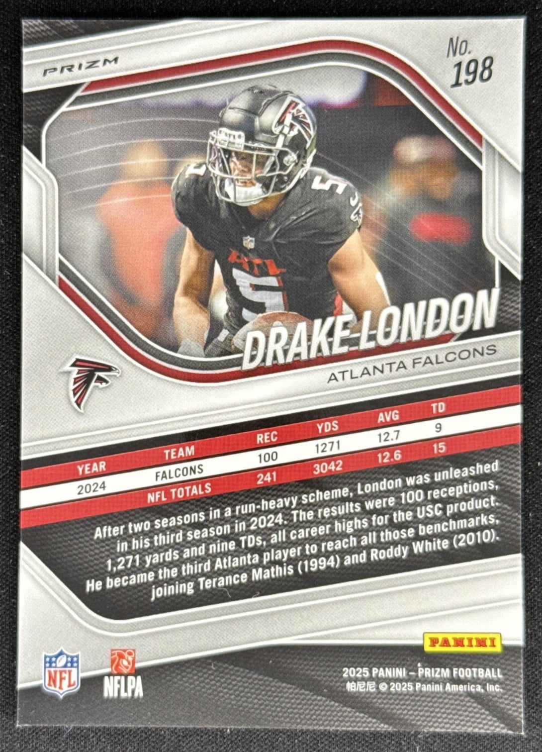Drake London 2025 Panini Prizm Red White & Blue Falcons Sports Trading Card