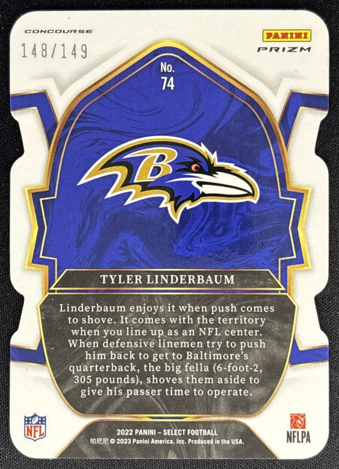 Tyler Linderbaum 2022 Panini Select Bronze Prizm Die Cut /149 Ravens back