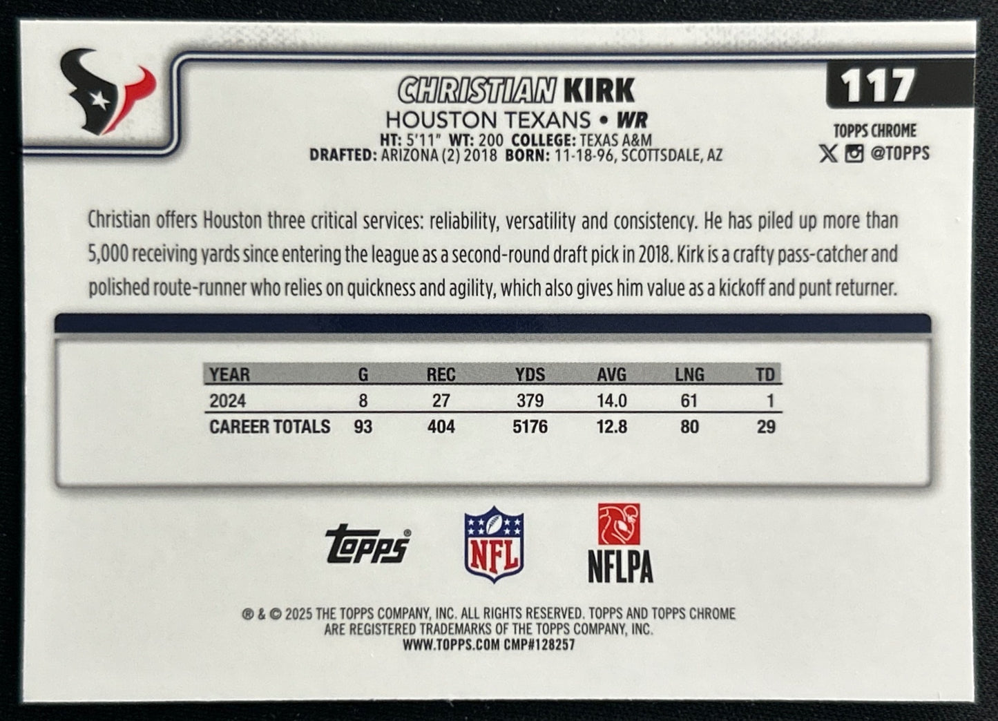 Christian Kirk 2025 Topps Chrome Texans Sports Trading Cards