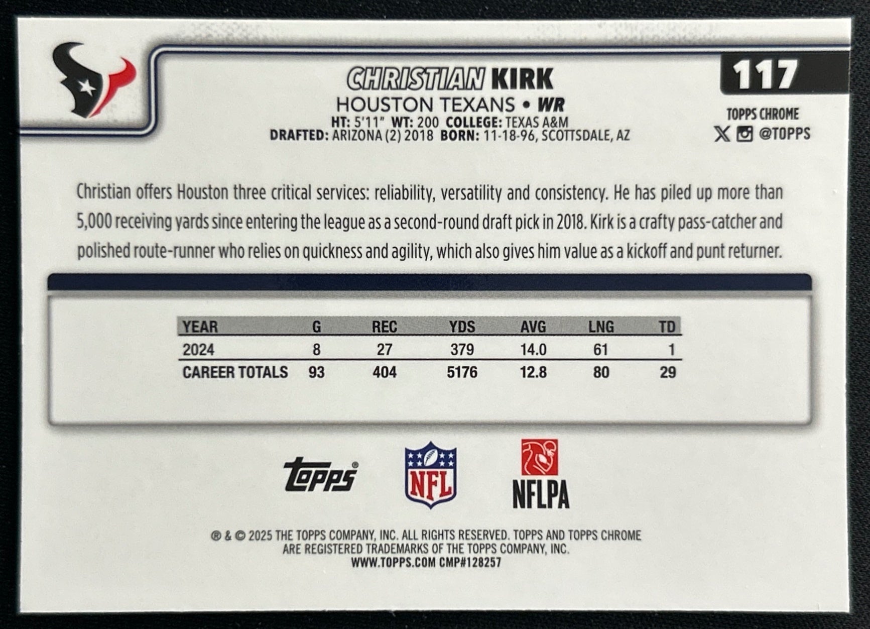 Christian Kirk 2025 Topps Chrome Texans Sports Trading Cards