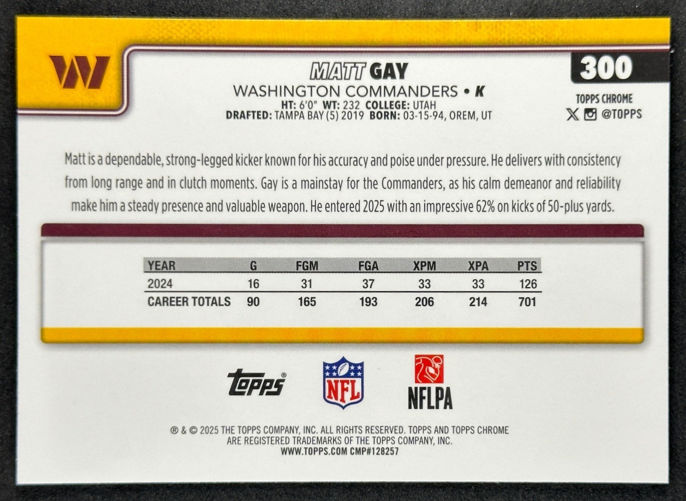 Matt Gay 2025 Topps Chrome Pulsar Refractor Commanders Sports Trading Cards