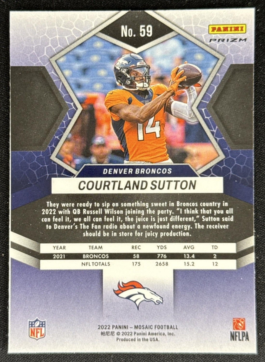 Courtland Sutton 2022 Panini Mosaic Green Broncos Sports Trading Card