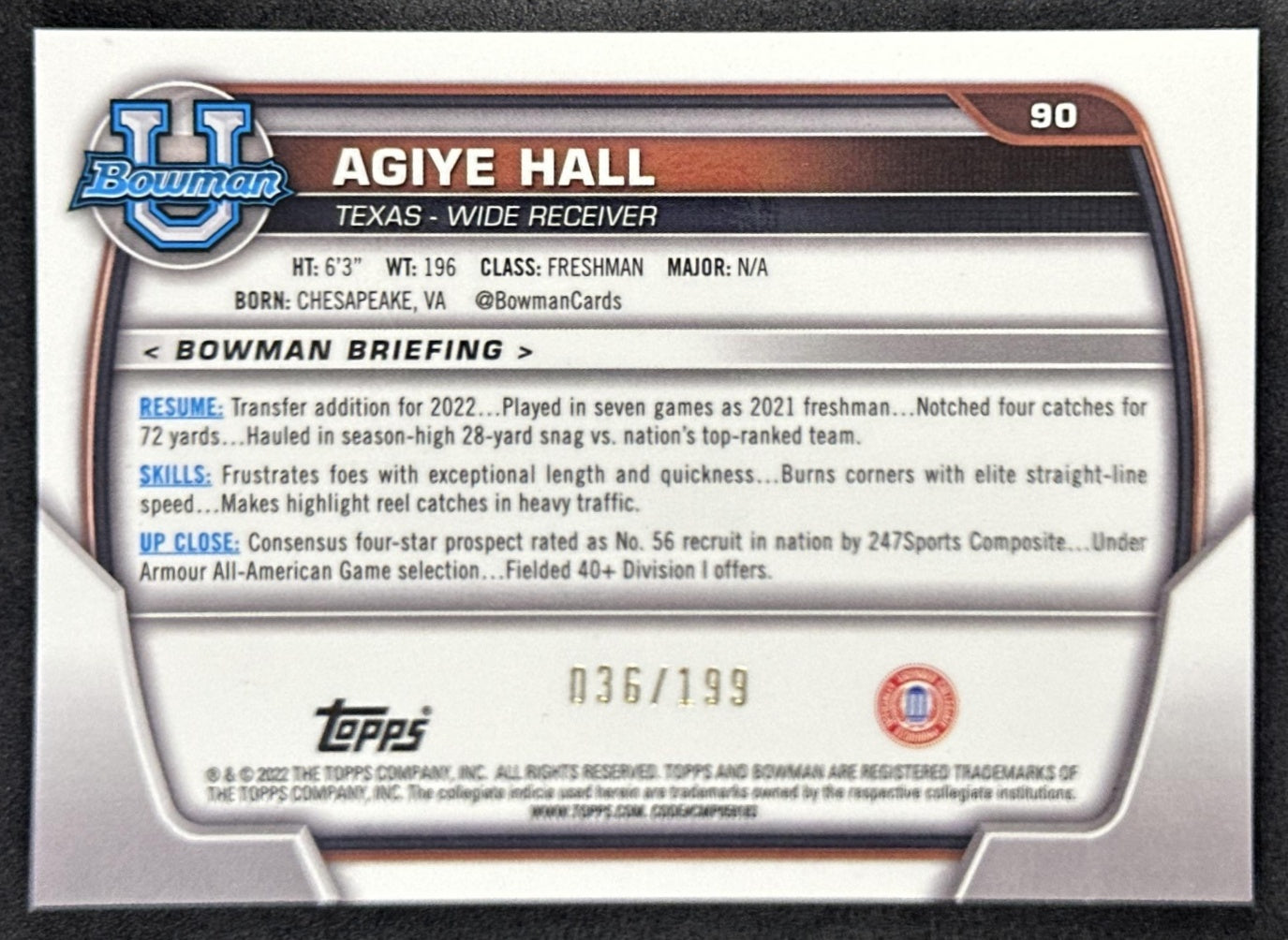 Agiye Hall 2022 Bowman University Chrome Blue Refractor /199 Longhorns Sports Trading Card