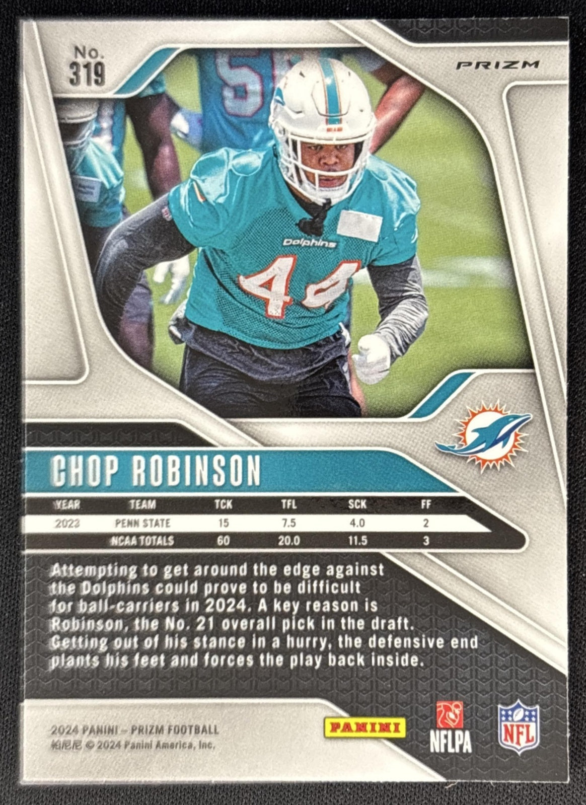 Chop Robinson 2024 Panini Prizm Lazer Dolphins back