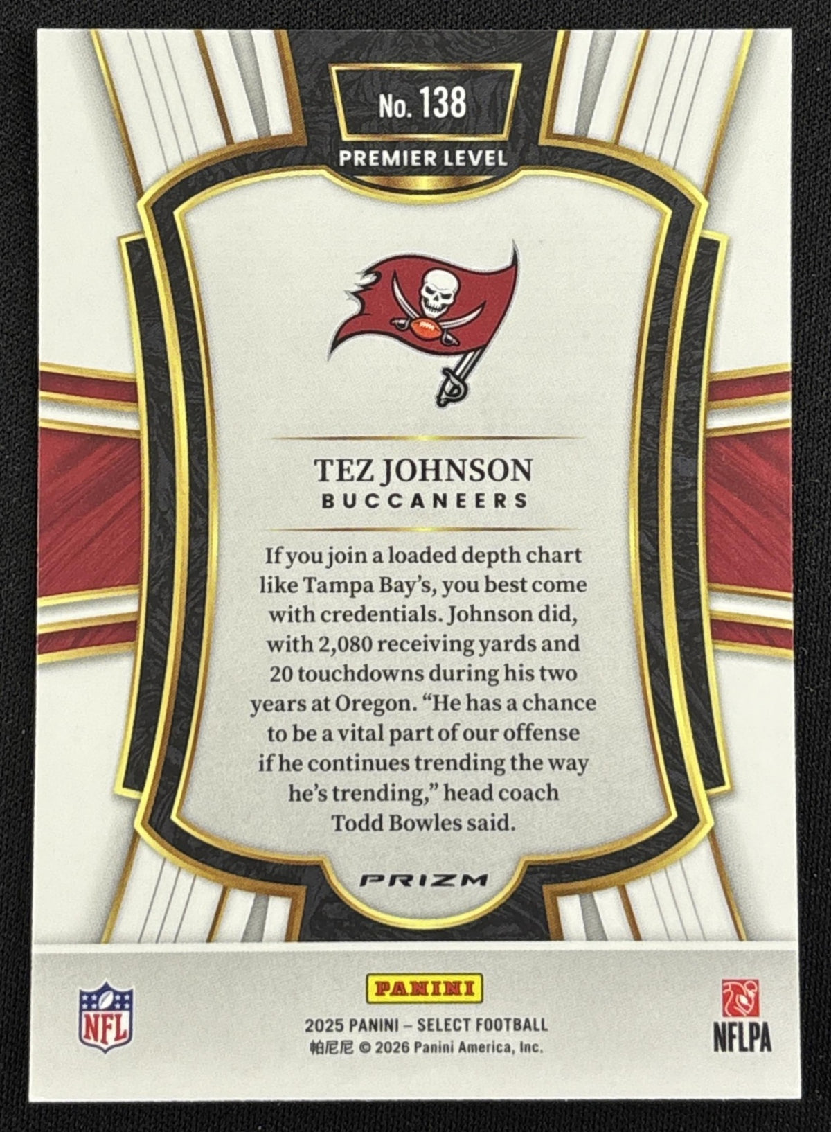 Tez Johnson 2025 Panini Select Premier Level Pink Prizm Shock Buccaneers - back