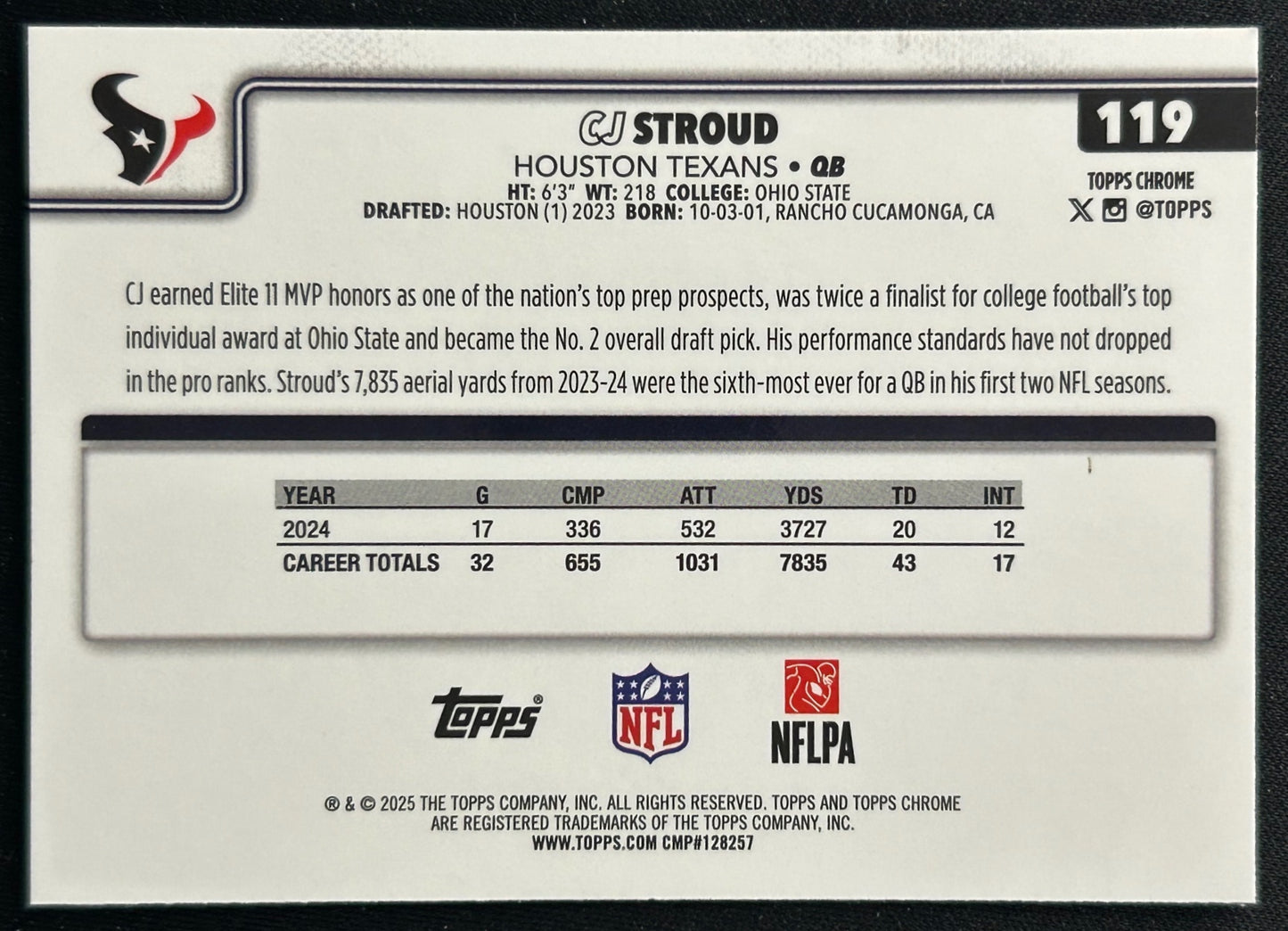 CJ Stroud 2025 Topps Chrome Texans Sports Trading Cards