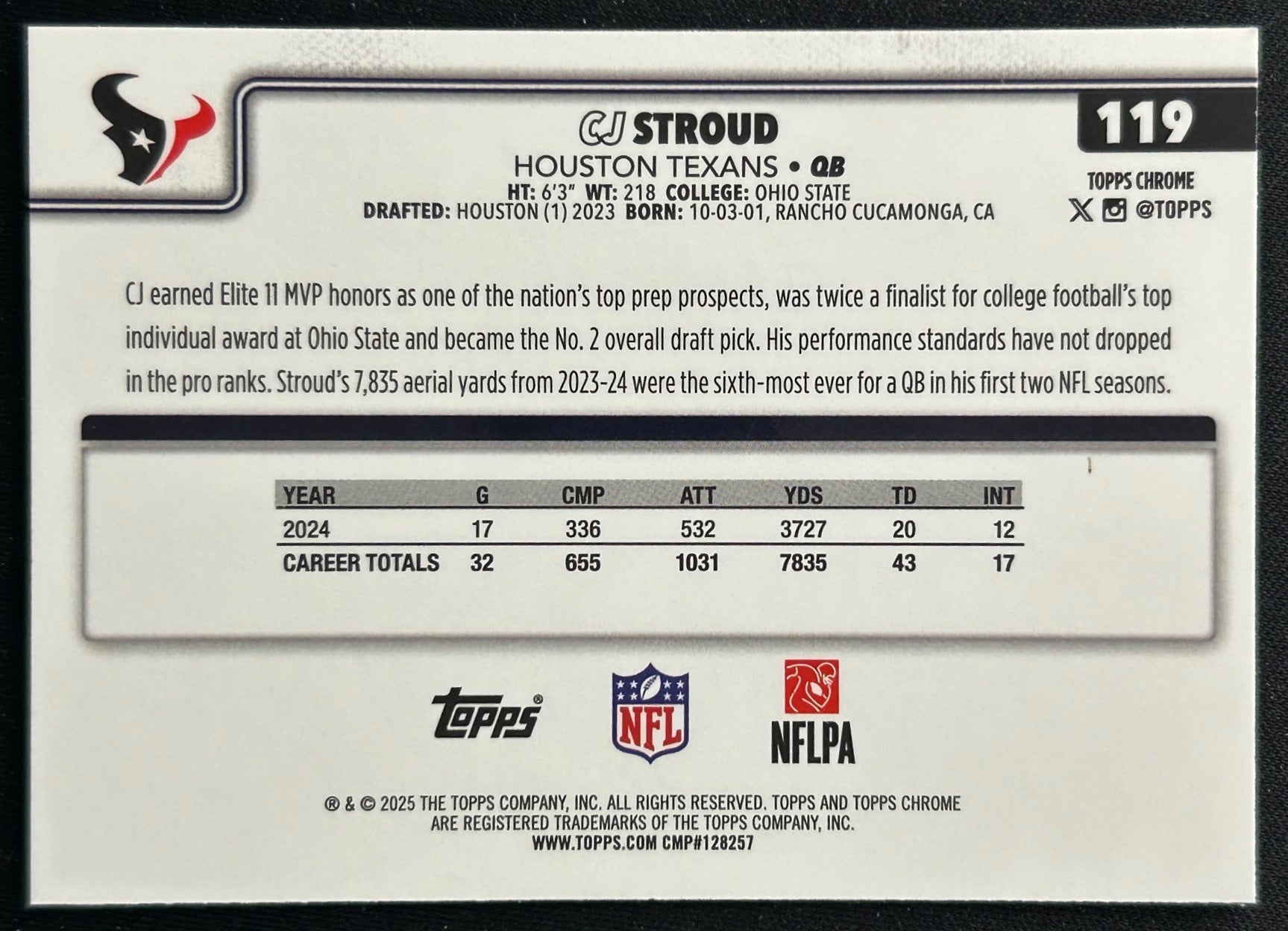 CJ Stroud 2025 Topps Chrome Texans Sports Trading Cards