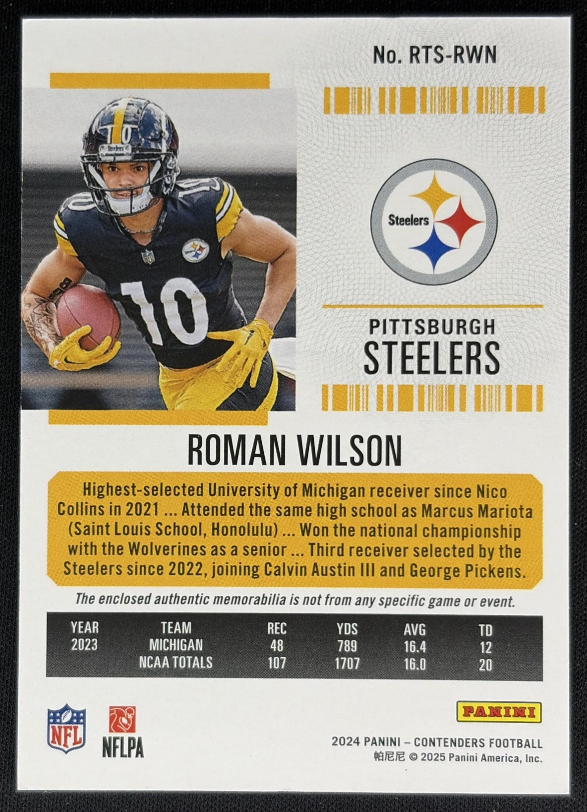 Roman Wilson 2024 Panini Contenders Rookie Ticket Swatches Steelers back