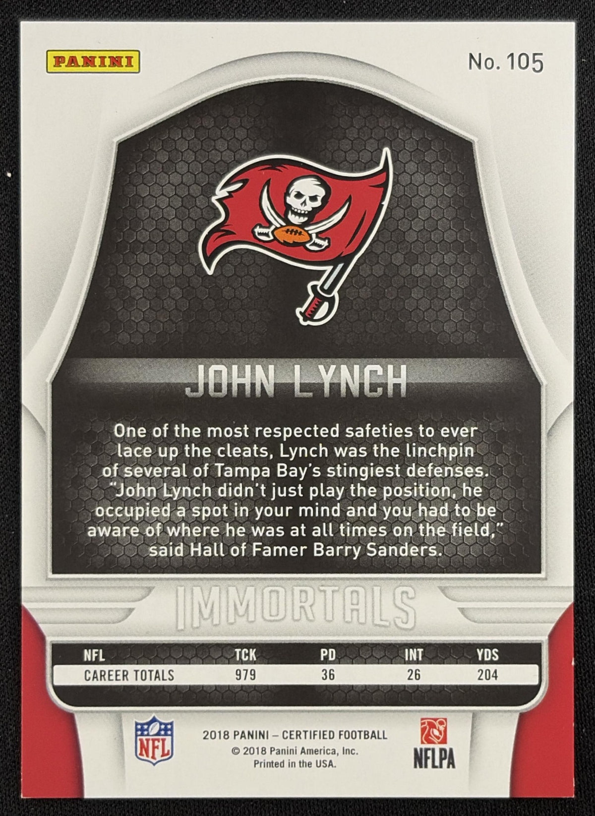 John Lynch 2018 Panini Certified /999 Buccaneers