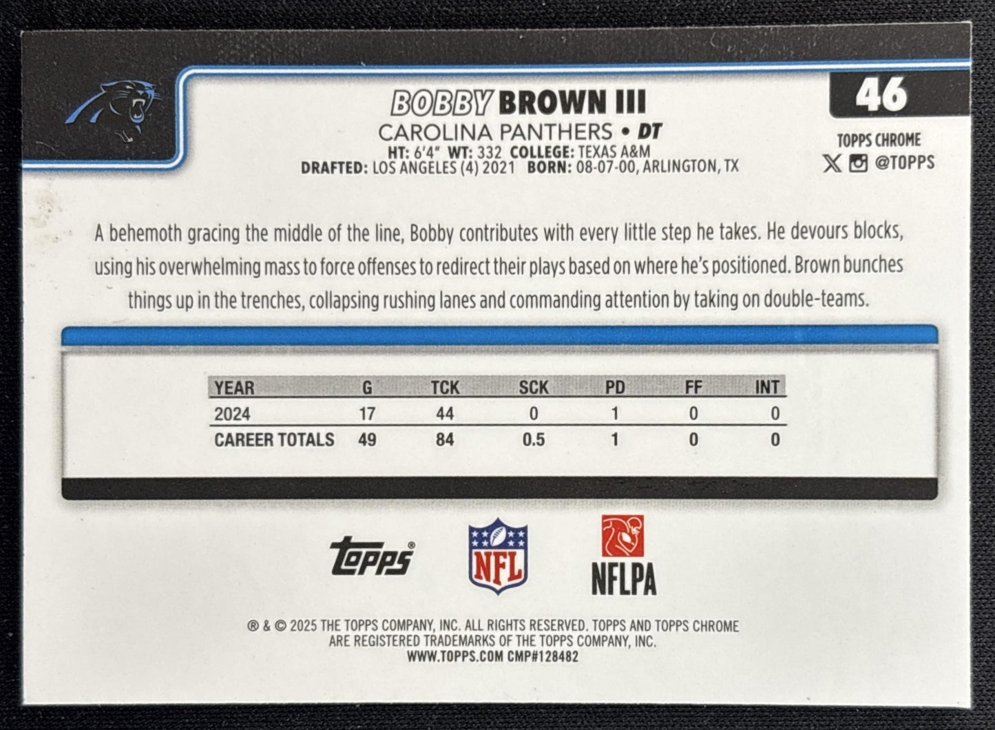 Bobby Brown III 2025 Topps Chrome Lightboard Logo Variation Panthers back