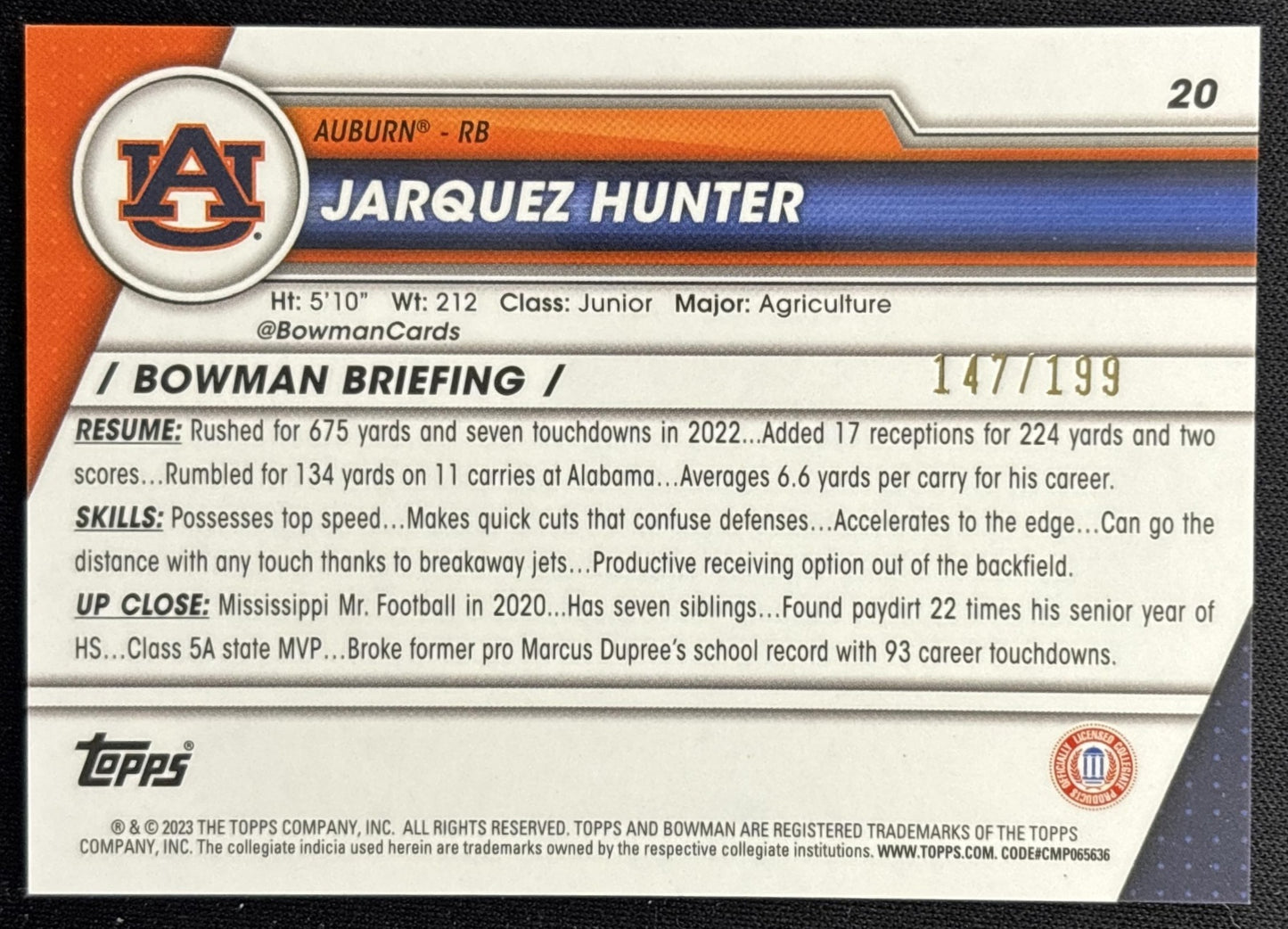 Jarquez Hunter 2023 Bowman University Chrome Blue Refractor /199 back