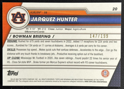 Jarquez Hunter 2023 Bowman University Chrome Blue Refractor /199 back