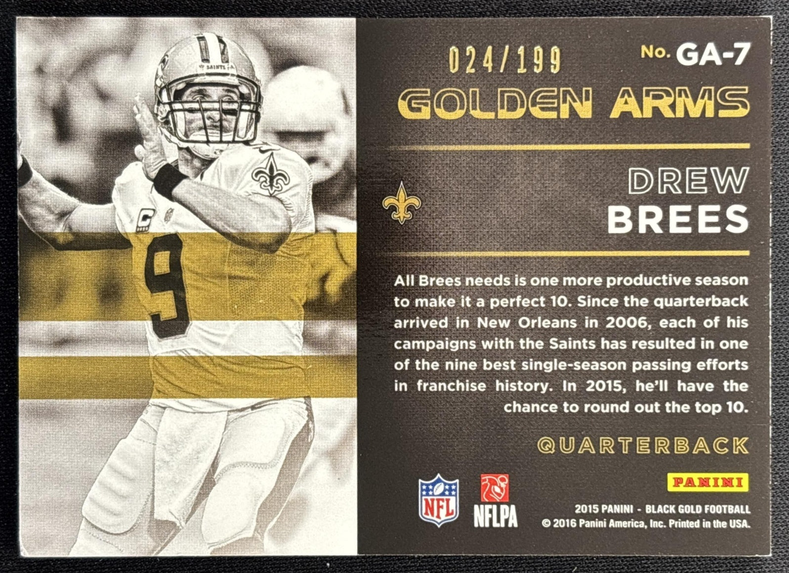 Drew Brees 2015 Panini Black Gold Golden Arms /199 Saints Sports Trading Card