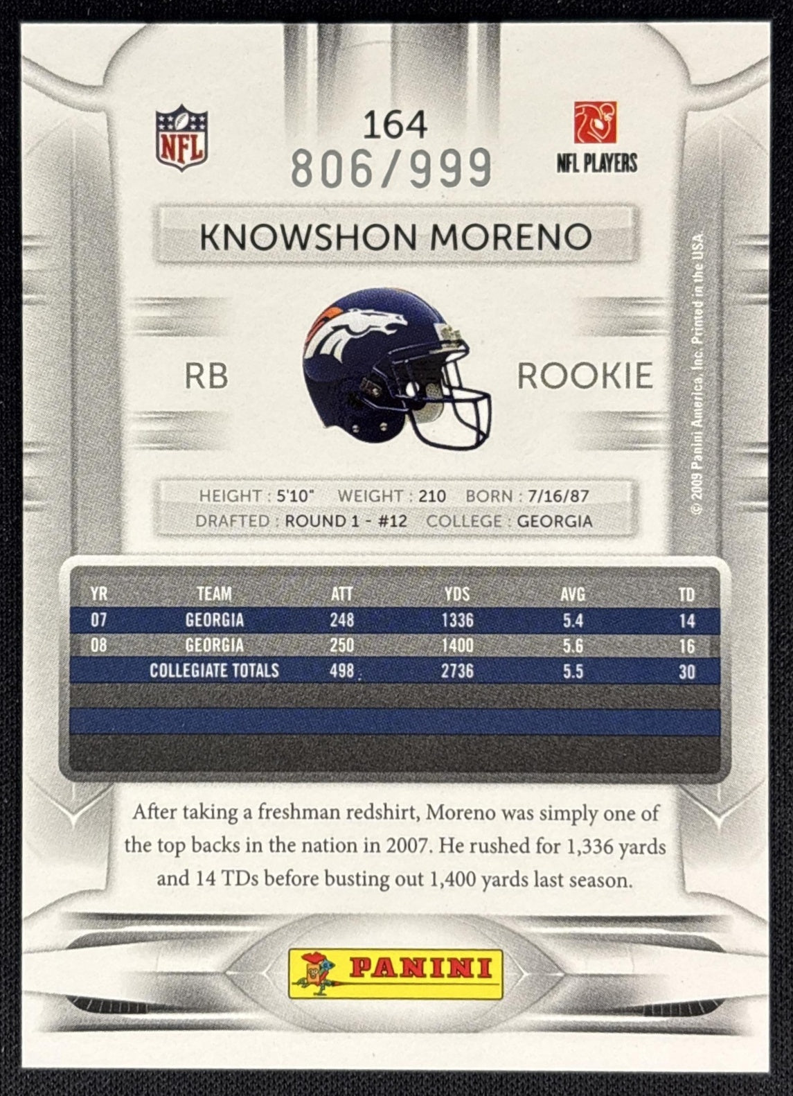 Knowshon Moreno 2009 Panini Playoff Prestige Draft Picks Light Blue /999 Broncos back