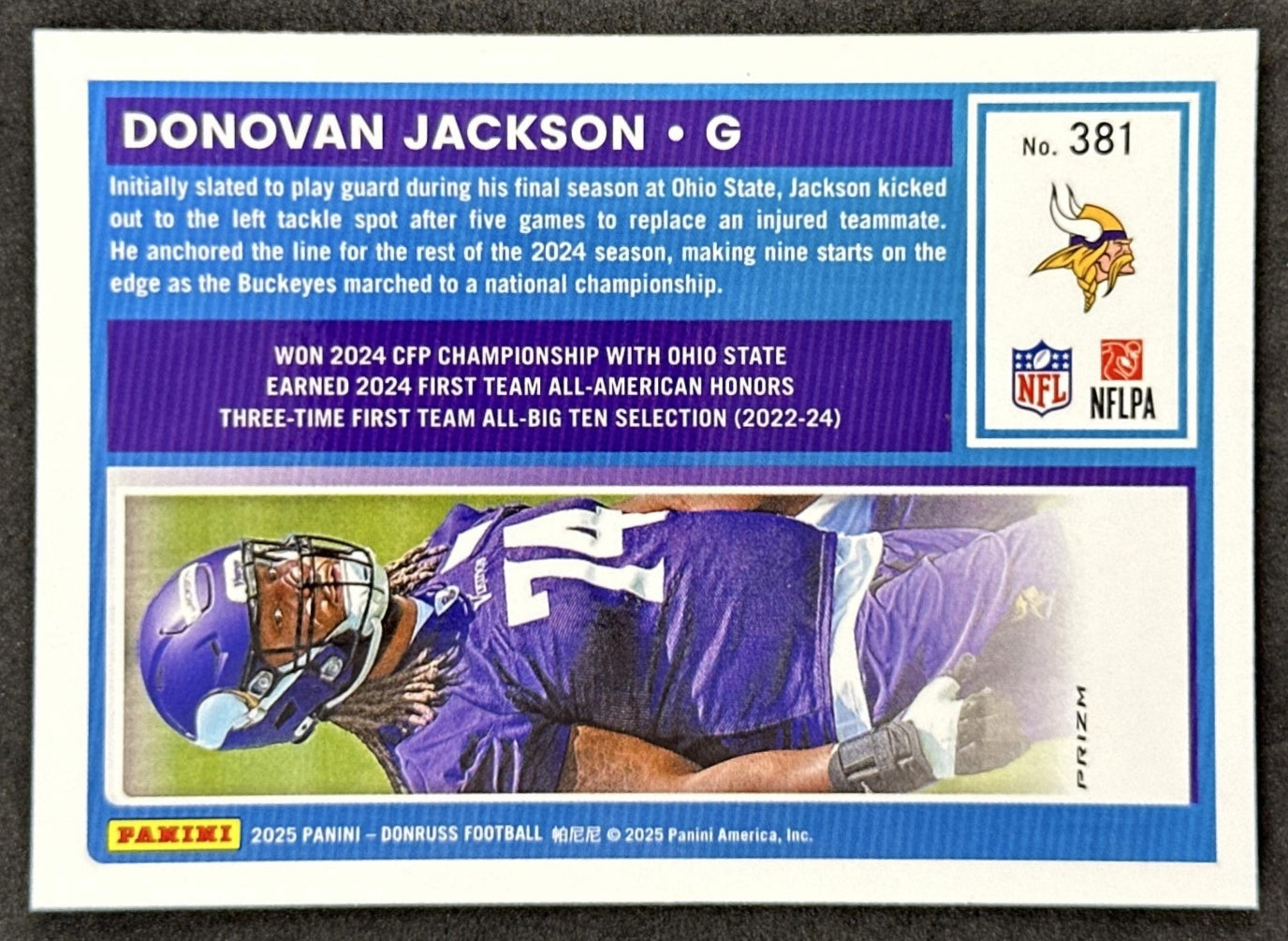 Donovan Jackson 2025 Donruss Optic Rated Rookie Preview Red Wave Vikings back sports trading card