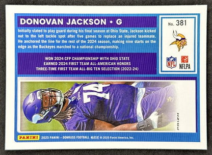 Donovan Jackson 2025 Donruss Optic Rated Rookie Preview Red Wave Vikings back sports trading card