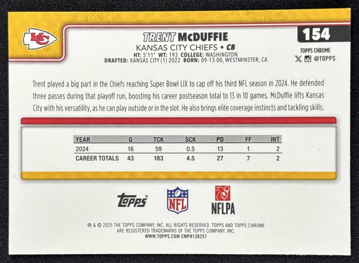 Trent McDuffie 2025 Topps Chrome Aqua Refractor /199 Chiefs
