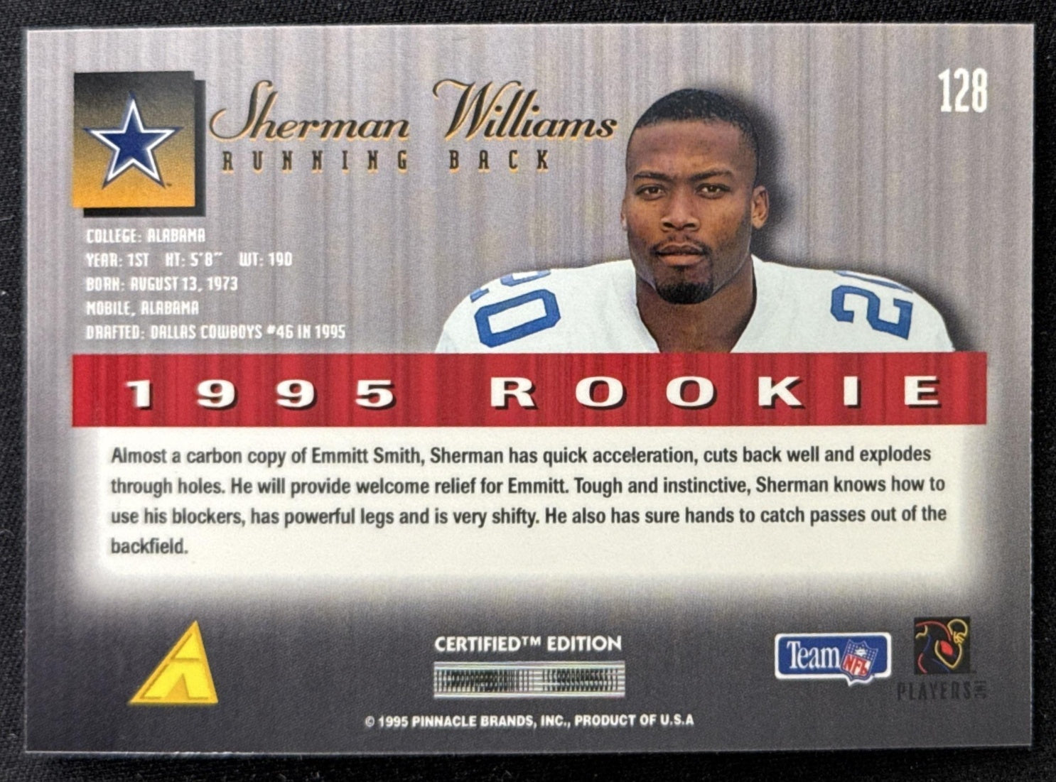 Sherman Williams 1995 Pinnacle Select Certified Cowboys Sports Trading Card