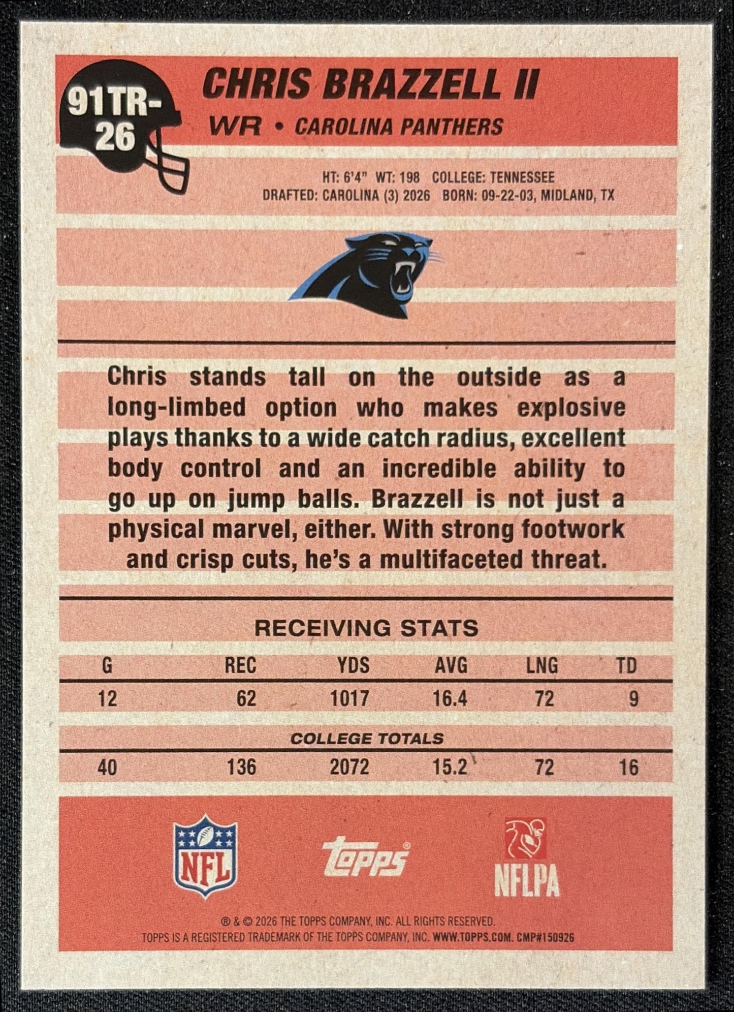 Chris Brazzell II 2026 Topps 1991 Rookie Panthers back