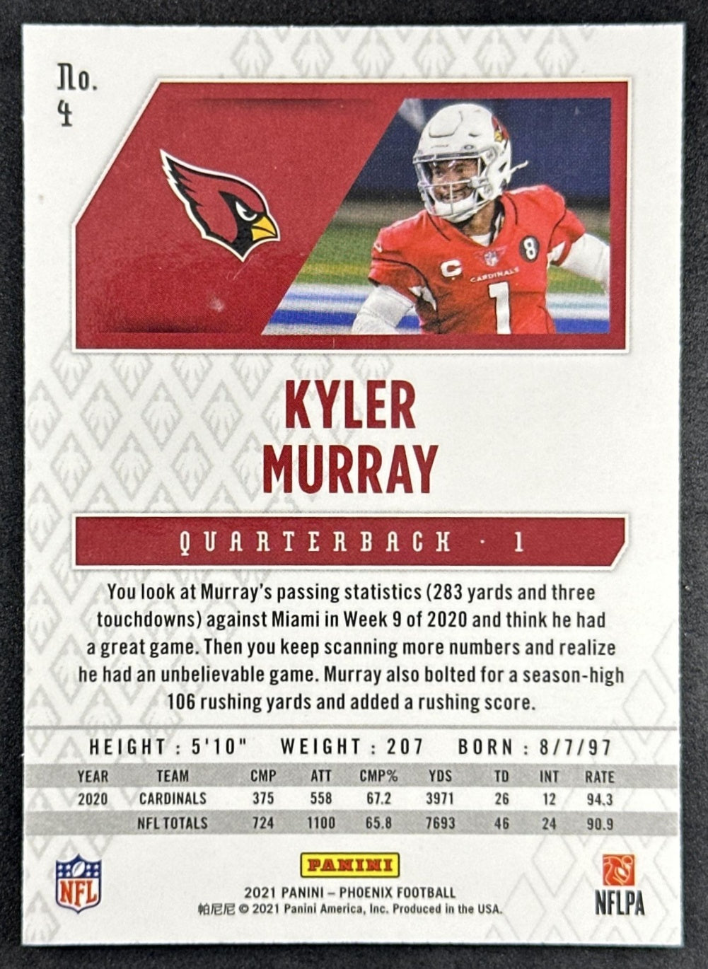 Kyler Murray 2021 Panini Phoenix Fire Burst Cardinals Sports Trading Card