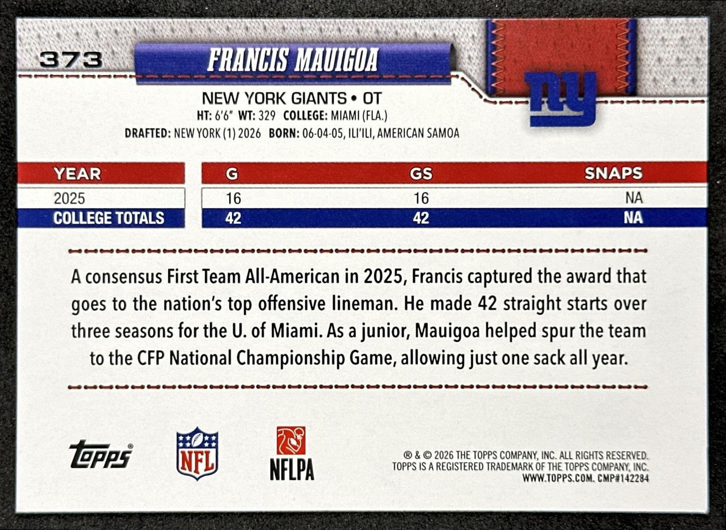 Francis Mauigoa 2026 Topps Flagship Rookie Giants Sports Trading Cards