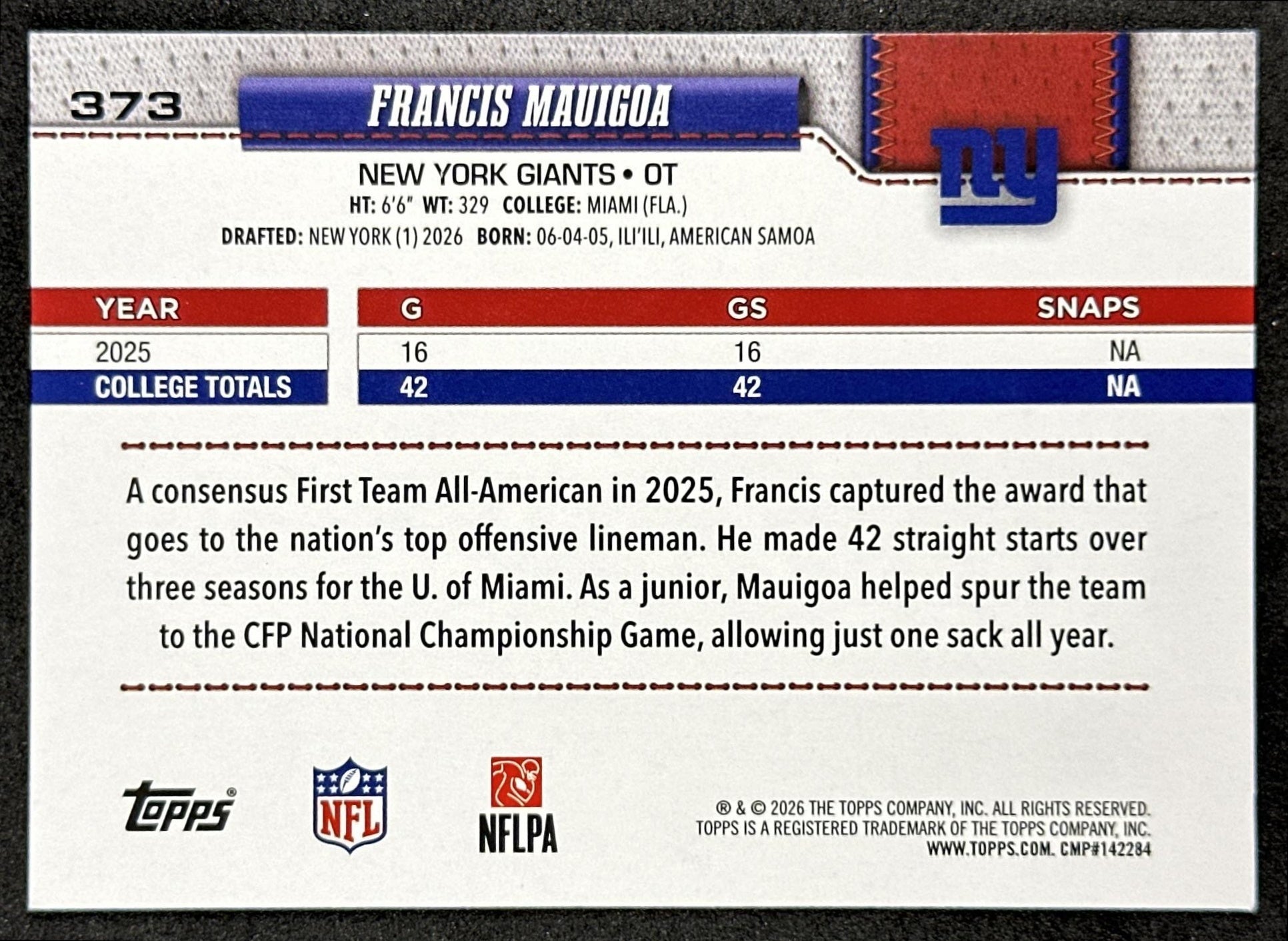 Francis Mauigoa 2026 Topps Flagship Rookie Giants Sports Trading Cards