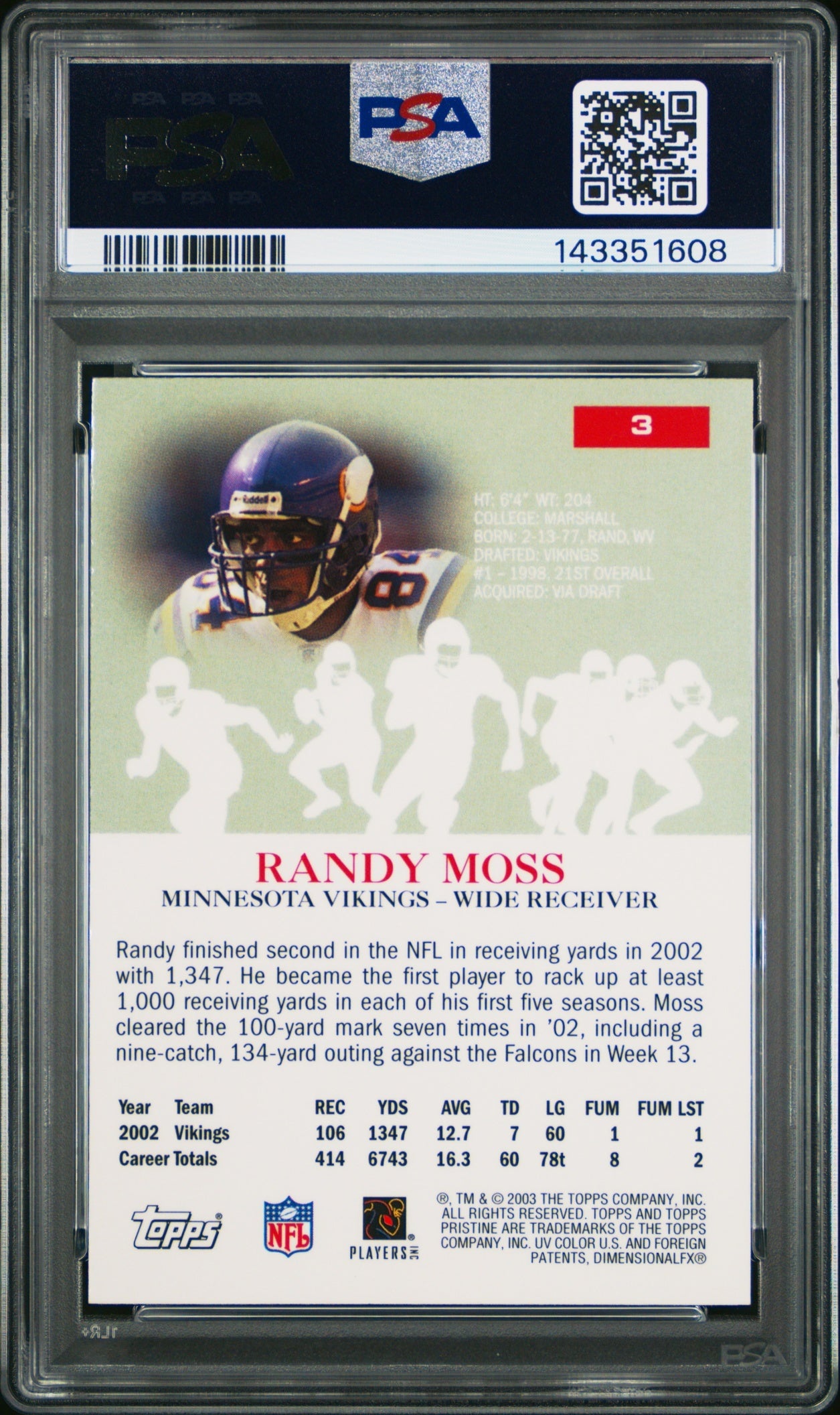 Randy Moss 2003 Topps Pristine PSA 9 Vikings back