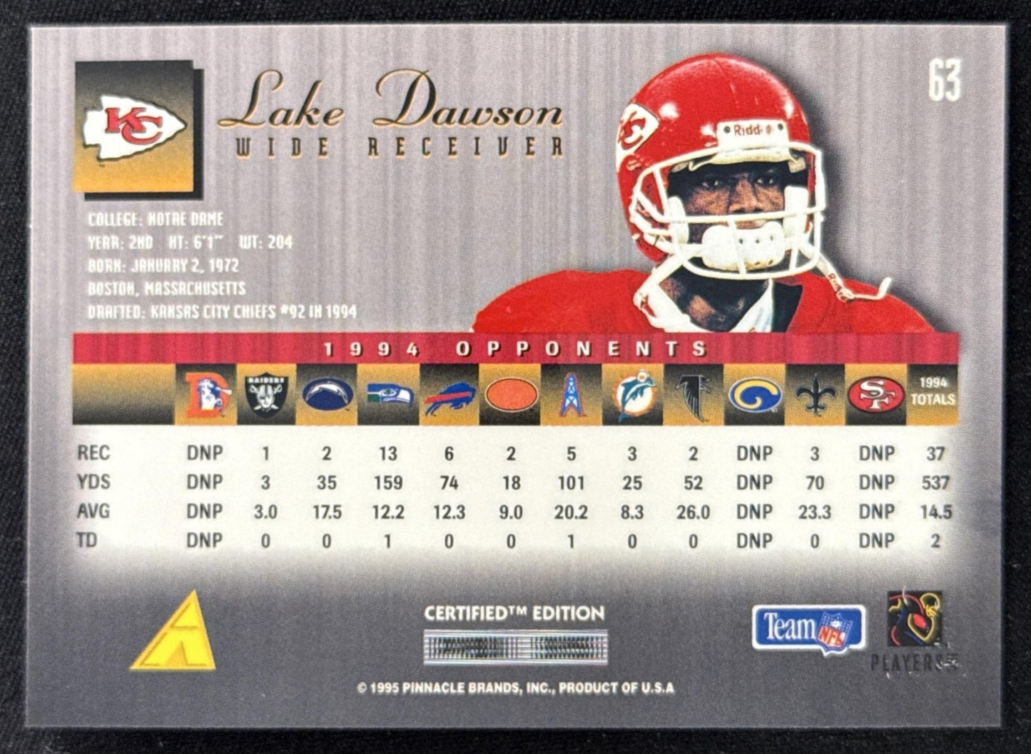 Lake Dawson 1995 Pinnacle Select Certified Chiefs